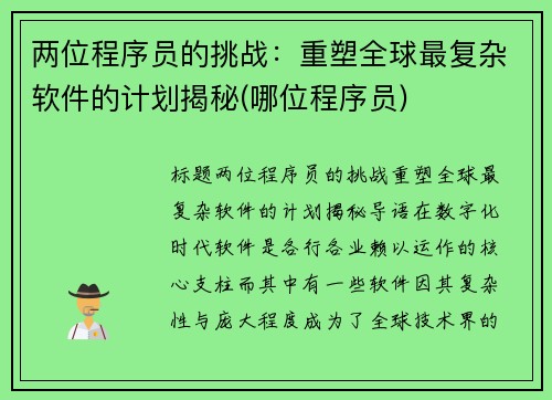 两位程序员的挑战：重塑全球最复杂软件的计划揭秘(哪位程序员)