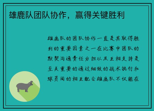雄鹿队团队协作，赢得关键胜利