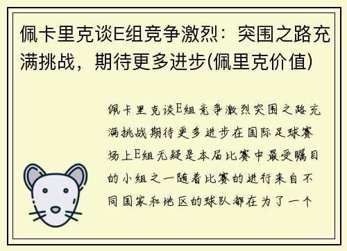 佩卡里克谈E组竞争激烈：突围之路充满挑战，期待更多进步(佩里克价值)