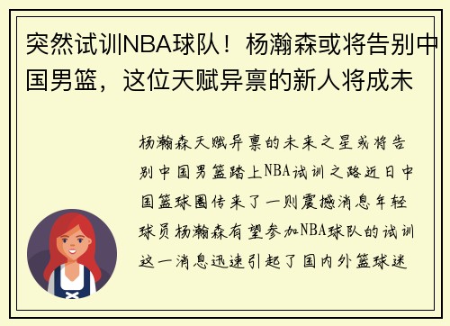 突然试训NBA球队！杨瀚森或将告别中国男篮，这位天赋异禀的新人将成未来之星