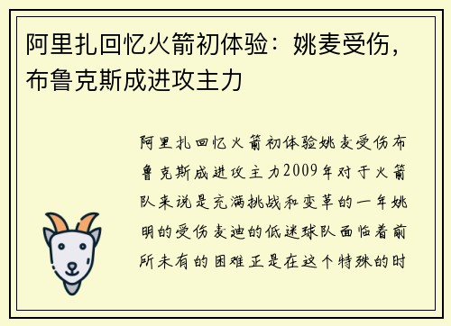 阿里扎回忆火箭初体验：姚麦受伤，布鲁克斯成进攻主力